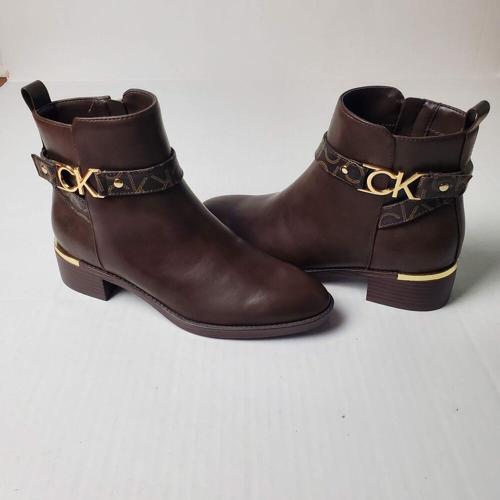 NWOT Calvin Klein Brown Harness Ankle Boots Gold CK Logo Size 6.5M